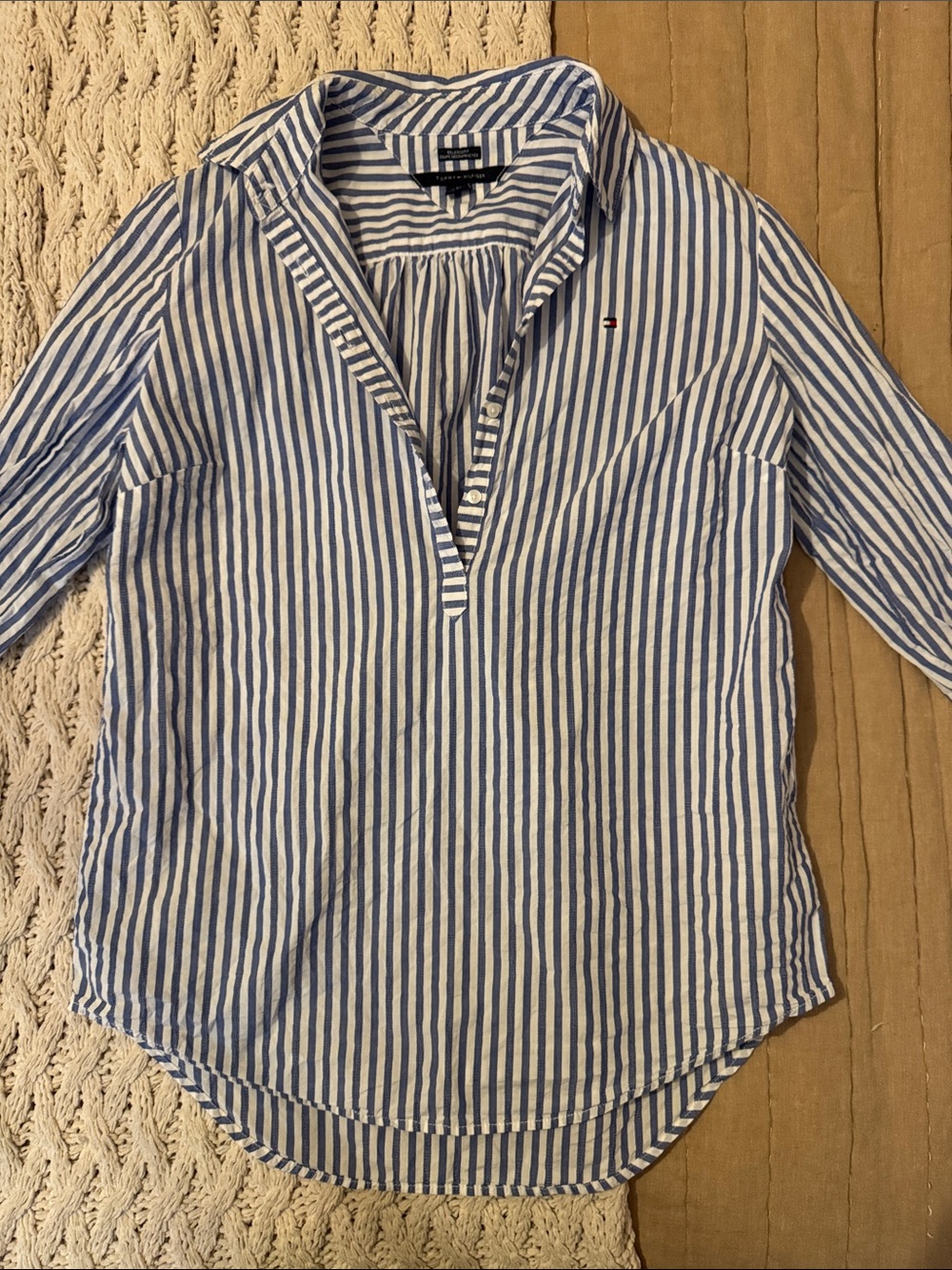 Tommy Hilfiger Blue & White Vertical-Stripe Button Down Blouse